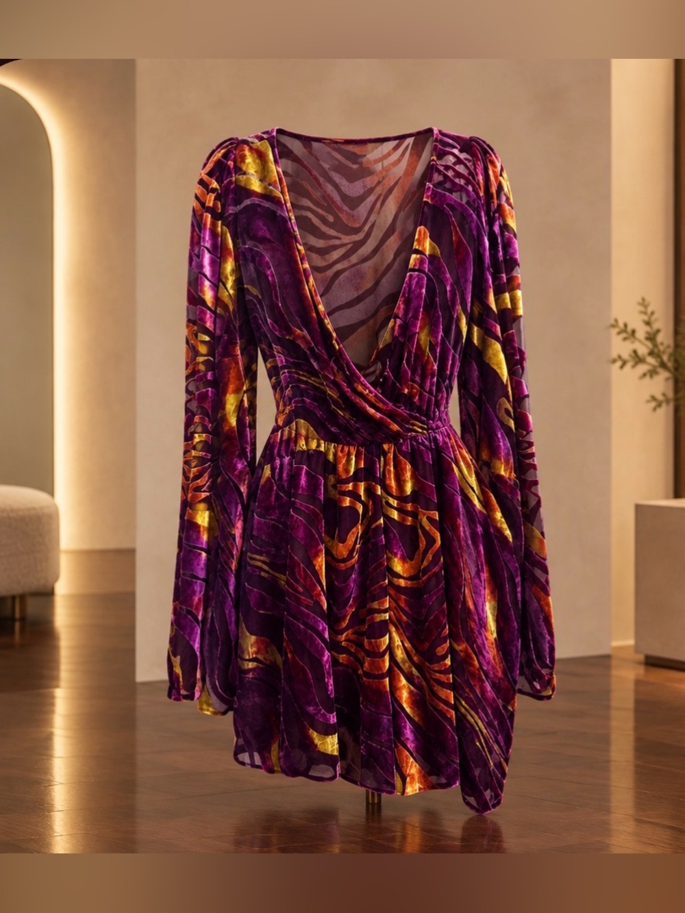PrettyLittleThing Purple and Gold Velvet Plunge Mini Dress/short